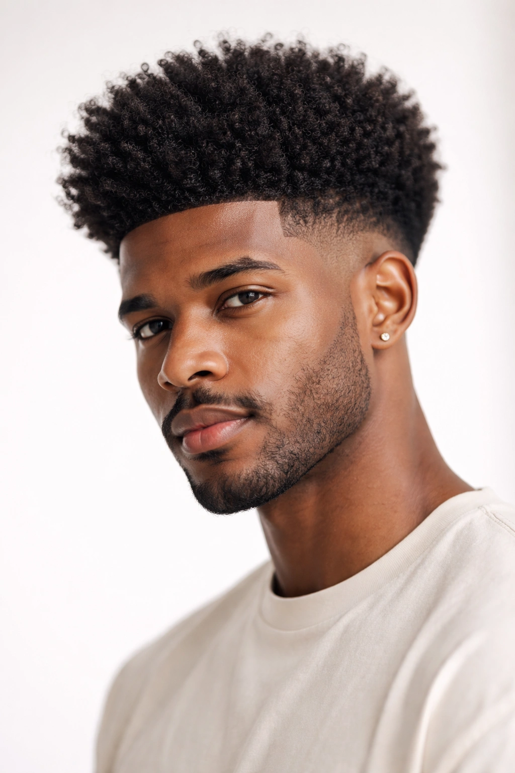 Tapered afro with fade shown from front with sharp side fade