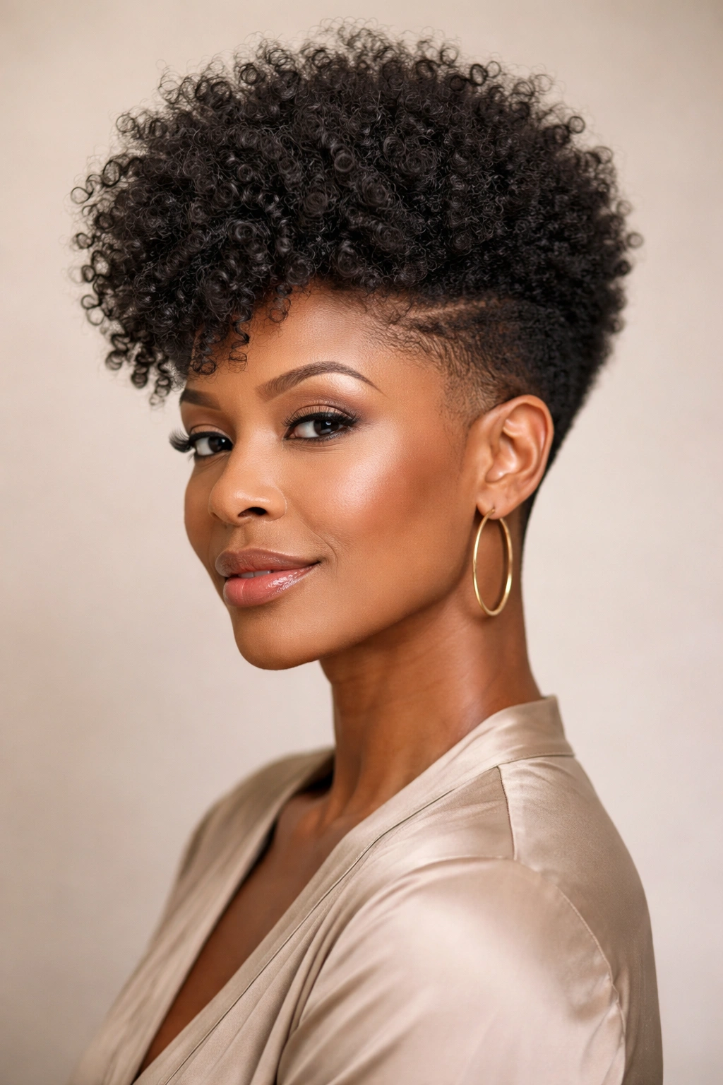 Mature woman with tapered afro and fade sides, front view in studio lighting