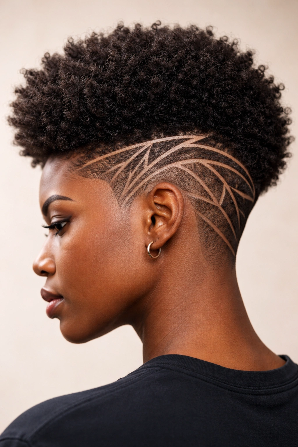 Close-up of a tapered Afro with geometric clipper patterns on the sides and a textured crown