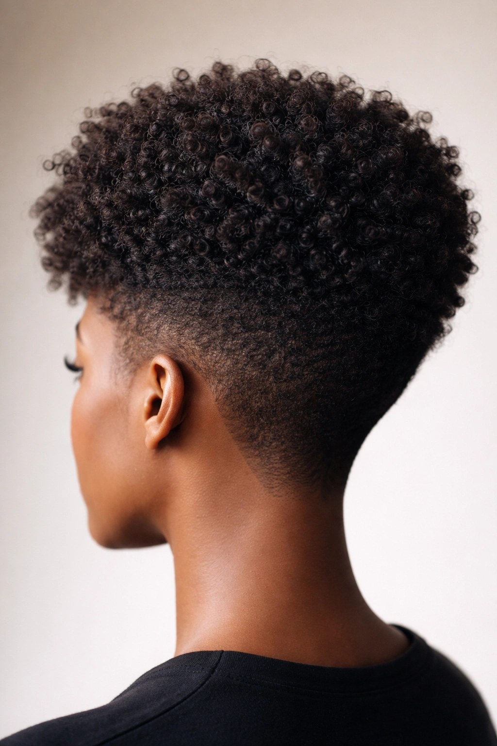 Tapered afro with short sides and voluminous top highlighting curl pattern