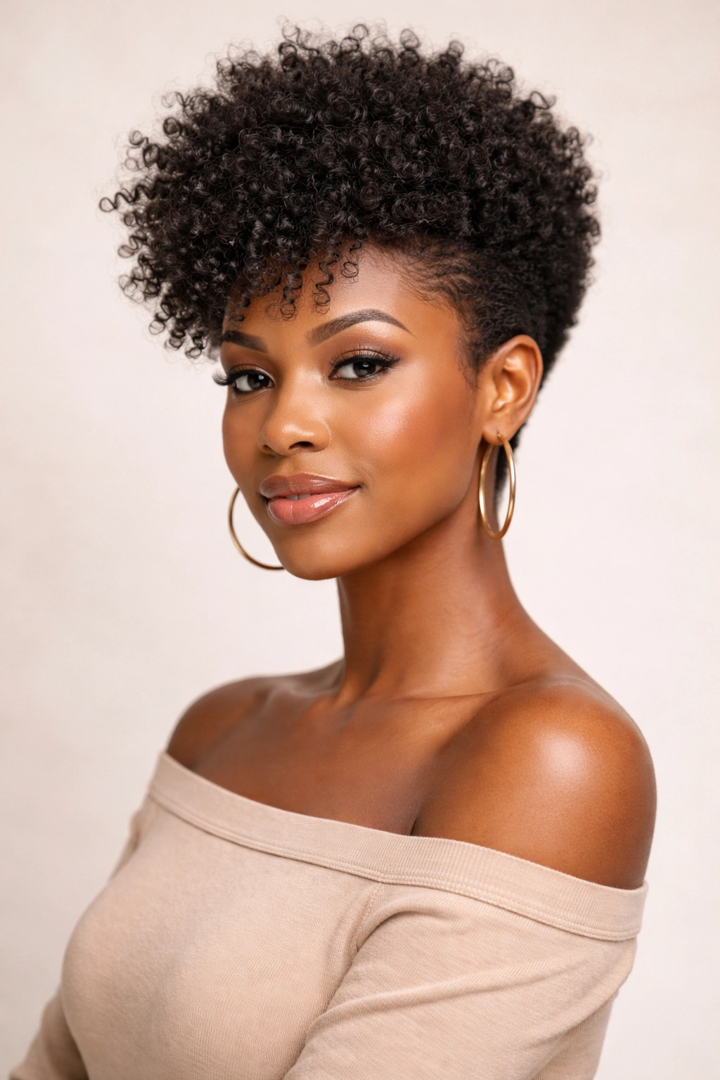 Portrait of a woman with a tapered natural Afro, sides short and top longer