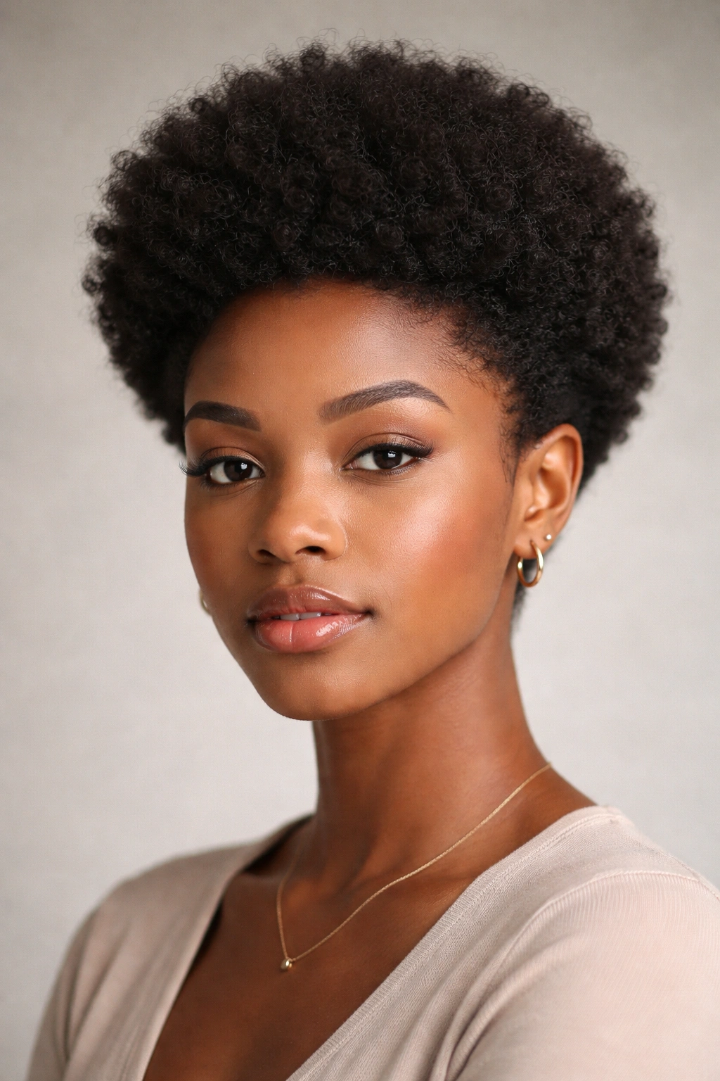 Close-up portrait of a person with a classic tapered afro showing crown volume and tapered sides.