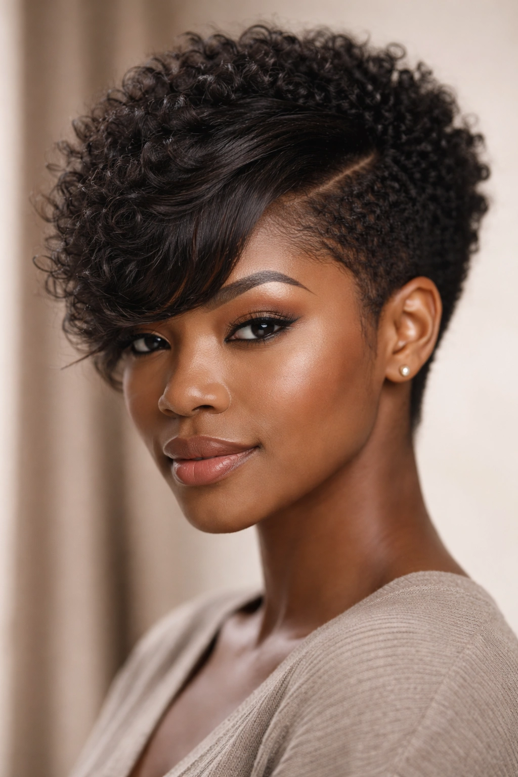 Close-up of tapered bangs with a side part on natural hair in studio lighting