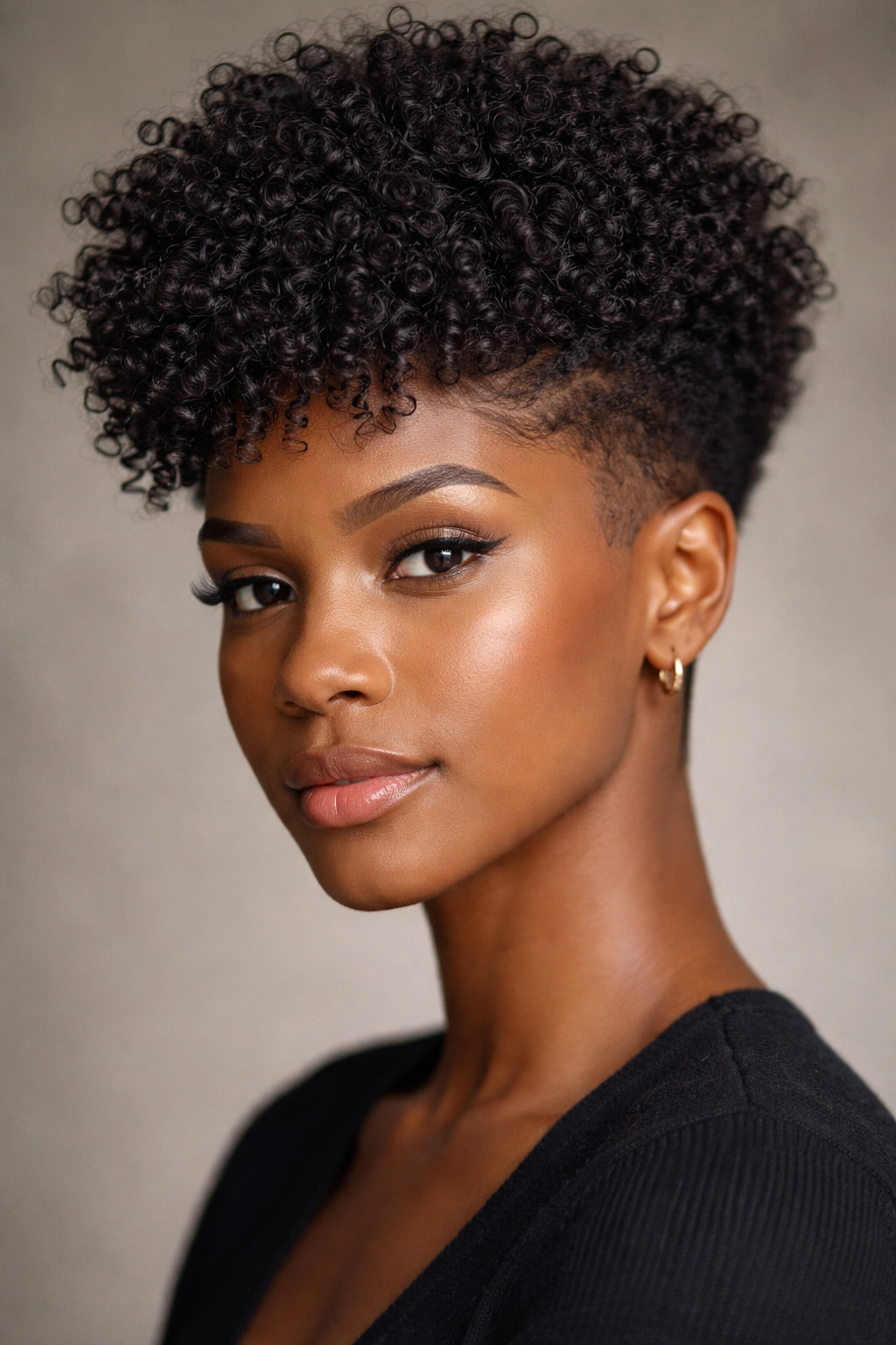 Head-and-shoulders portrait of a person with a tapered fade on the sides and a full crown of curly afro hair