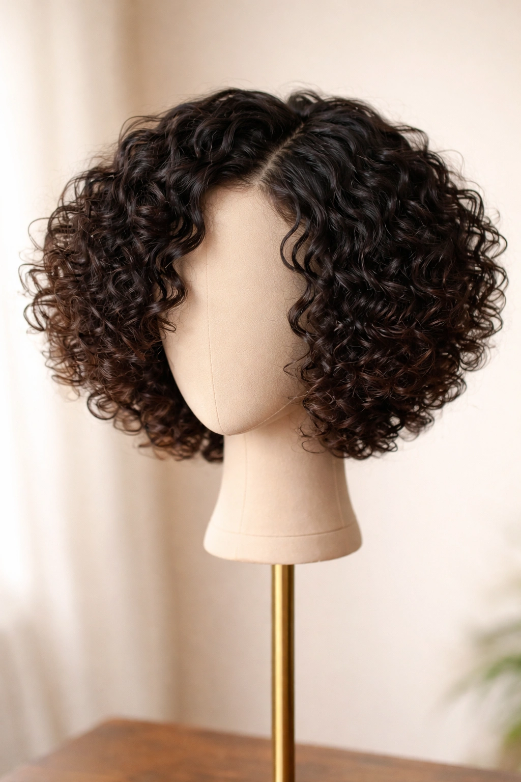 Close-up of a tapered curl wig showing tight crown curls tapering to ends