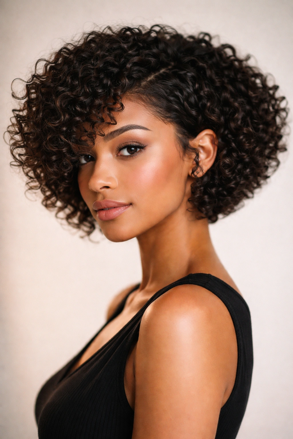 Tapered curly bob with shorter back and longer front, showing contour.