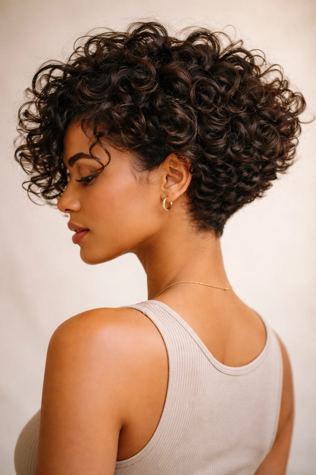 Tapered curly bob showing back taper and front length for dramatic volume