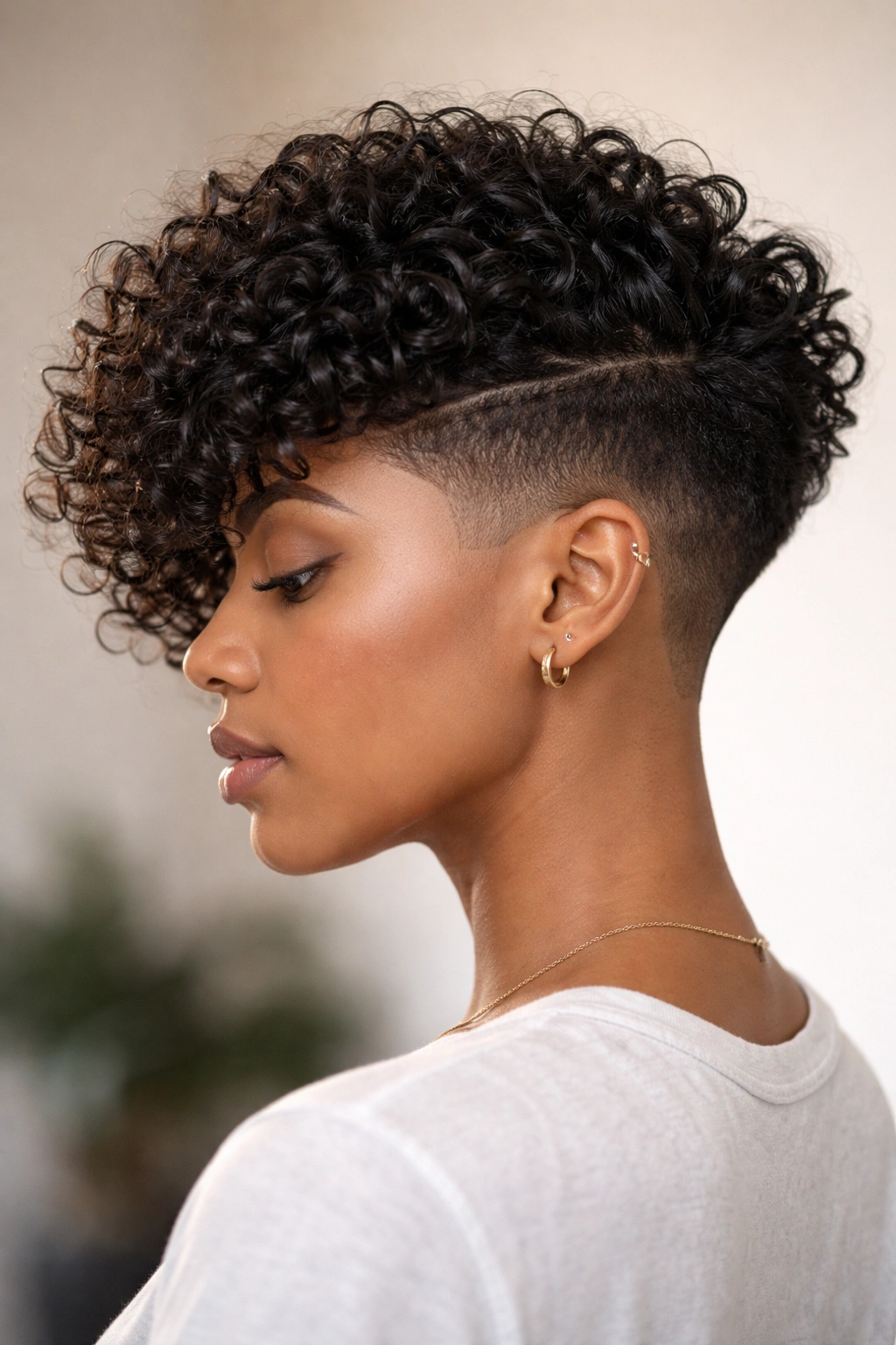 Profile view of tapered curly bob with fade showing contrast between top curls and shaved sides