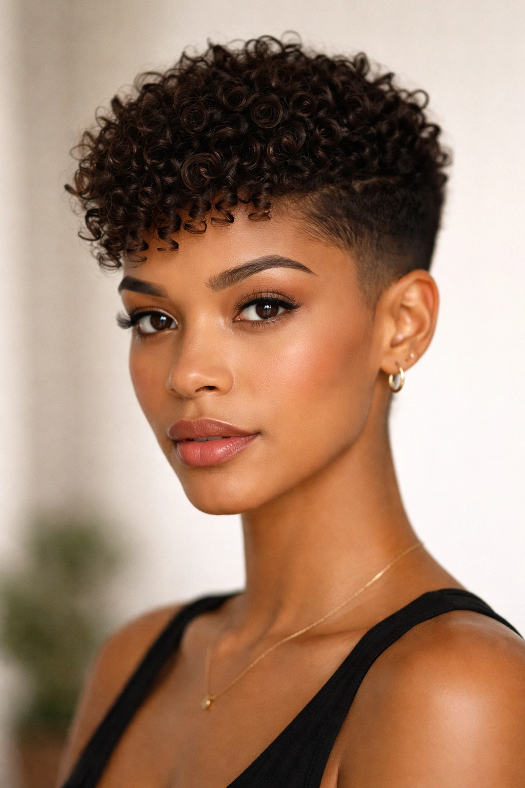 Front view of a tapered curly pixie with a defined crown of curls.