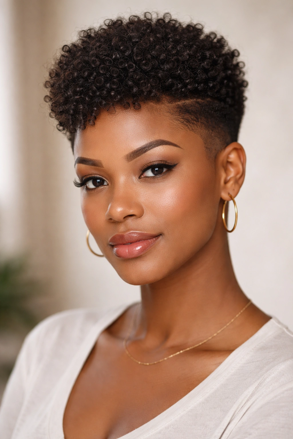 Close-up portrait of a Black woman with a tapered natural cut showing a close fade on the sides and textured top