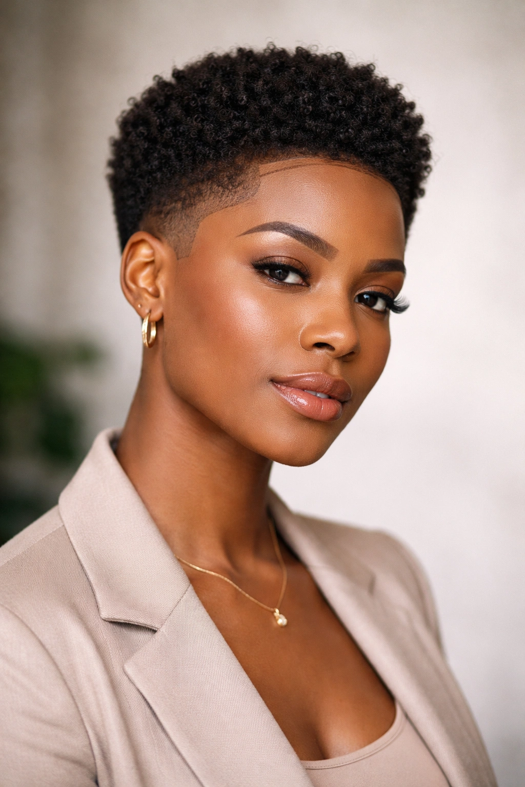 Portrait of a woman with a taper cut featuring crisp defined edges and a full top.
