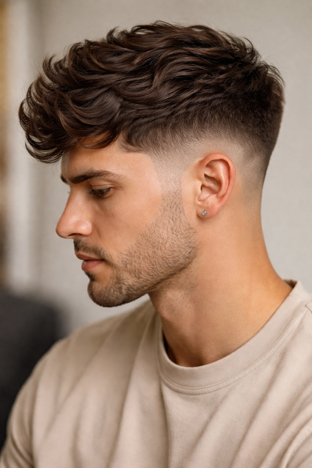 Side profile of tapered wavy fade with deep brown color and longer top waves.