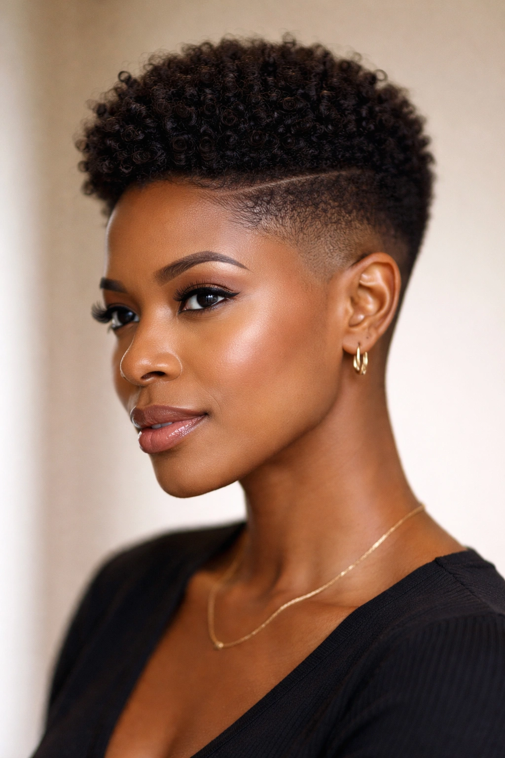 Close-up portrait of a woman with a classic tapered fade showing shaved sides and a longer top.