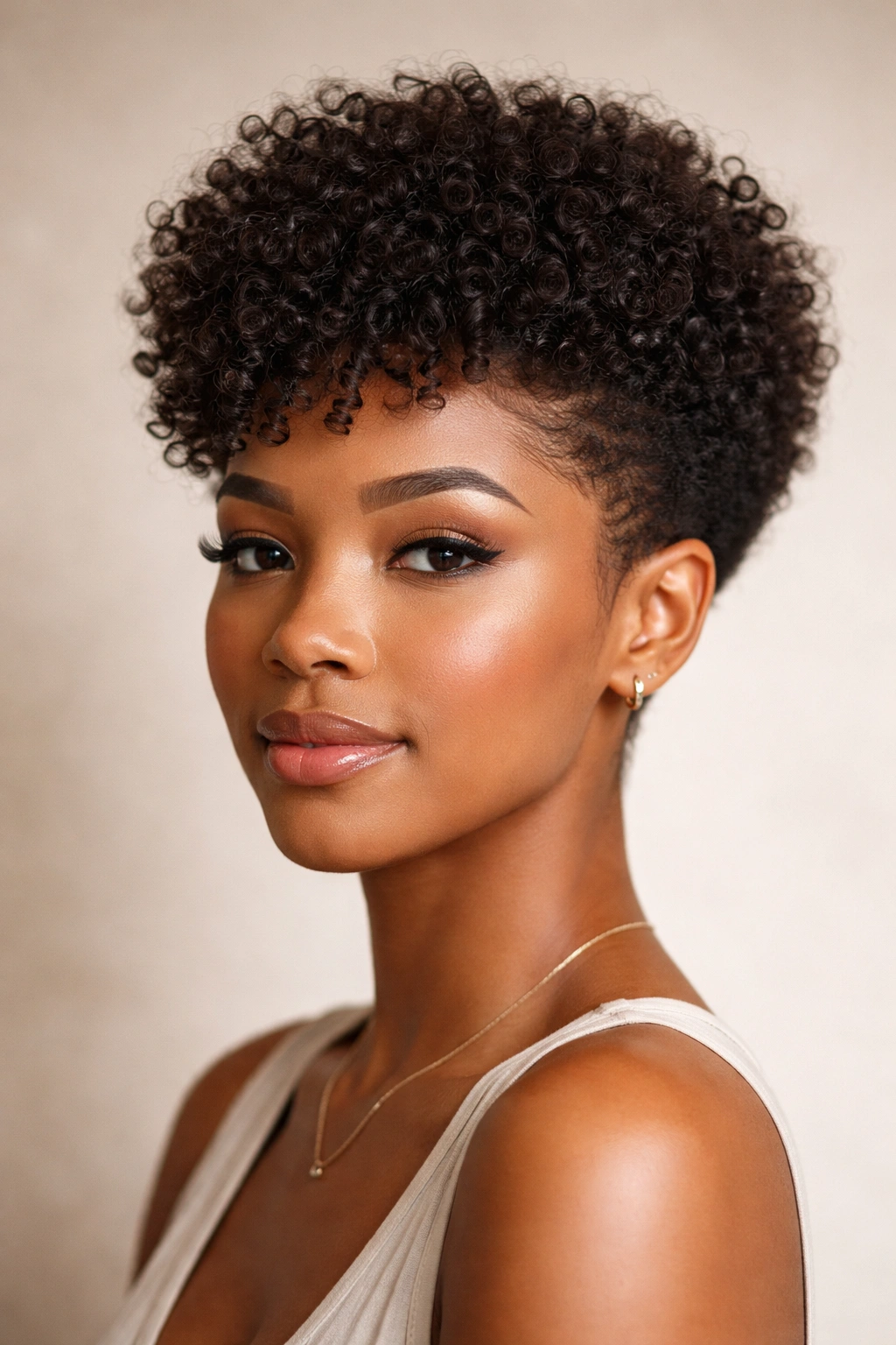 Front view of a tapered curly afro with a fuller crown.