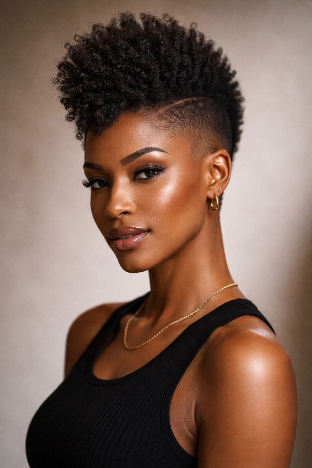 Portrait of a woman with a tapered Mohawk and short faded sides