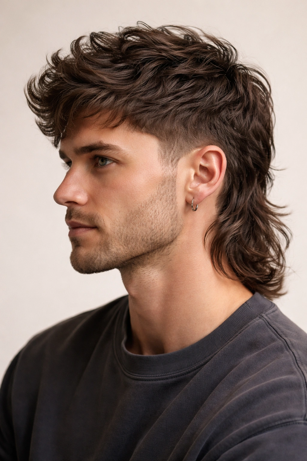 Close-up portrait of a person with a tapered flow mullet, showing short wavy top and longer back in a professional studio