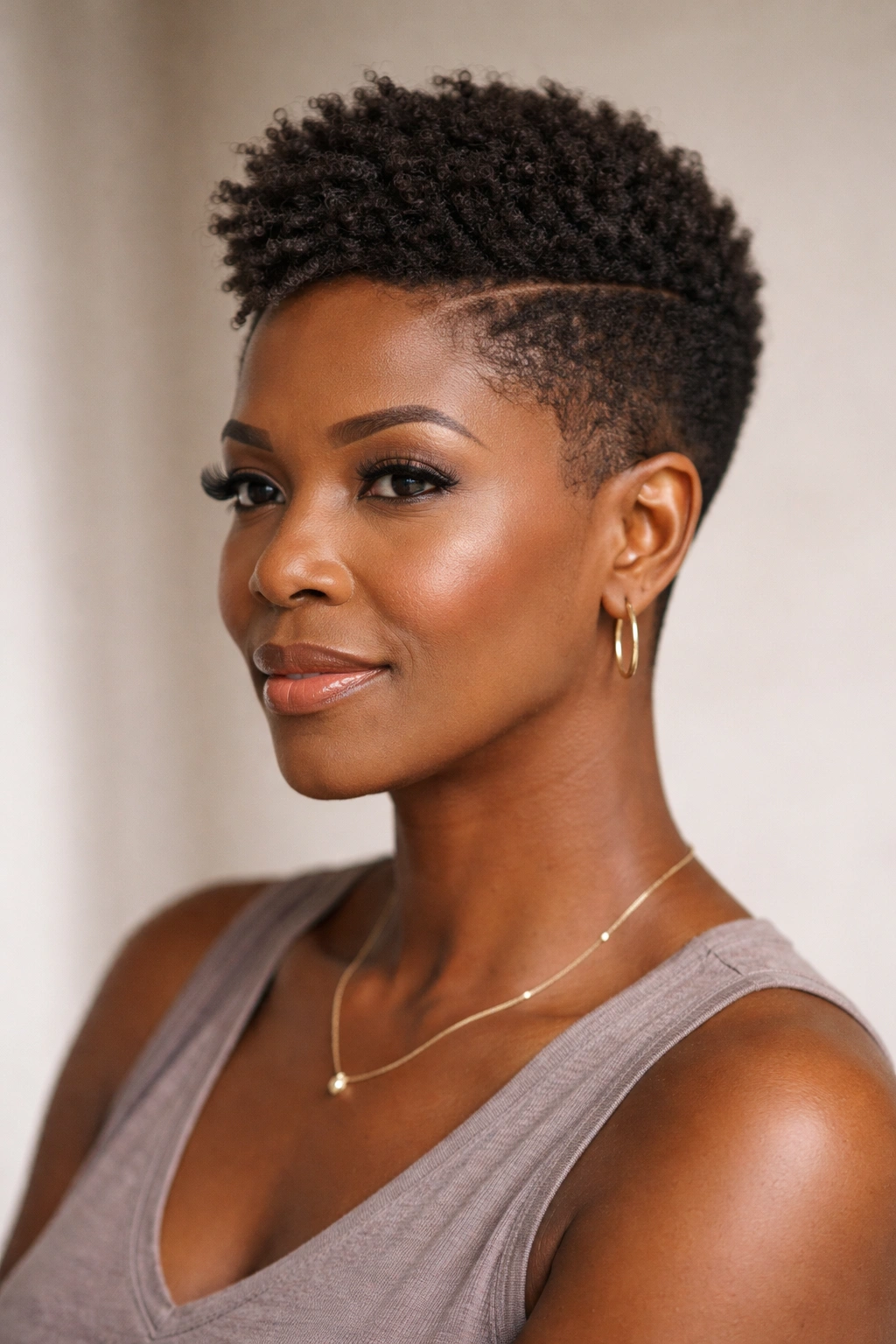 Head-and-shoulders portrait of a tapered natural hairstyle with clean lines and textured top