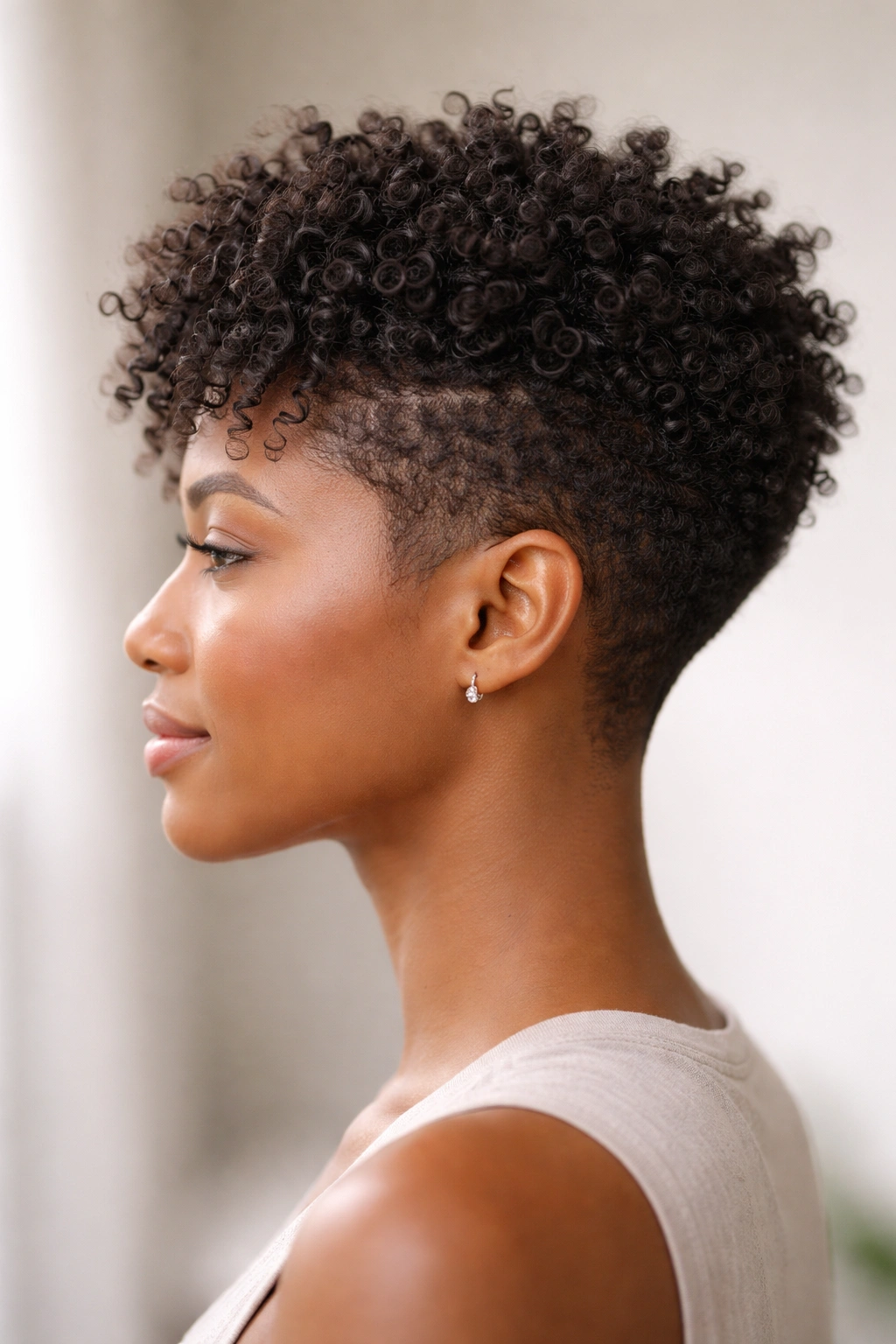 Side view of a tapered natural haircut on fine curly hair