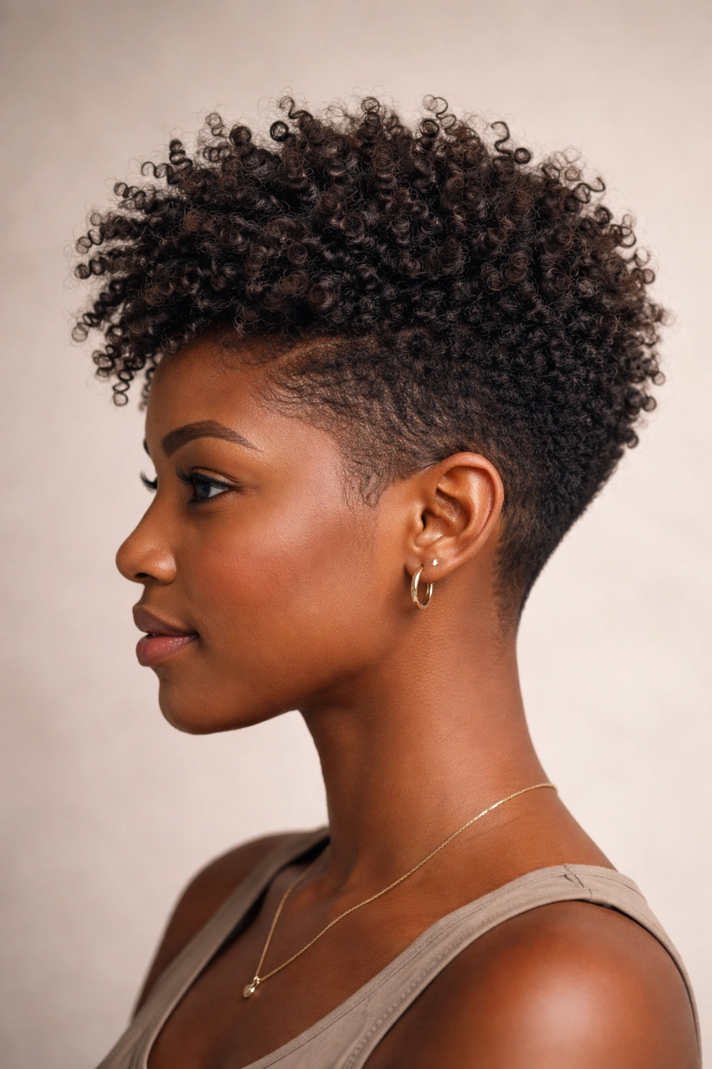 Side profile of tapered natural hairstyle with free-form curl texture on top.