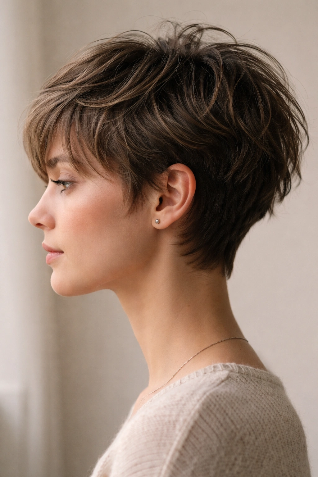 Side profile of a tapered pixie transitioning into a shag with longer top.