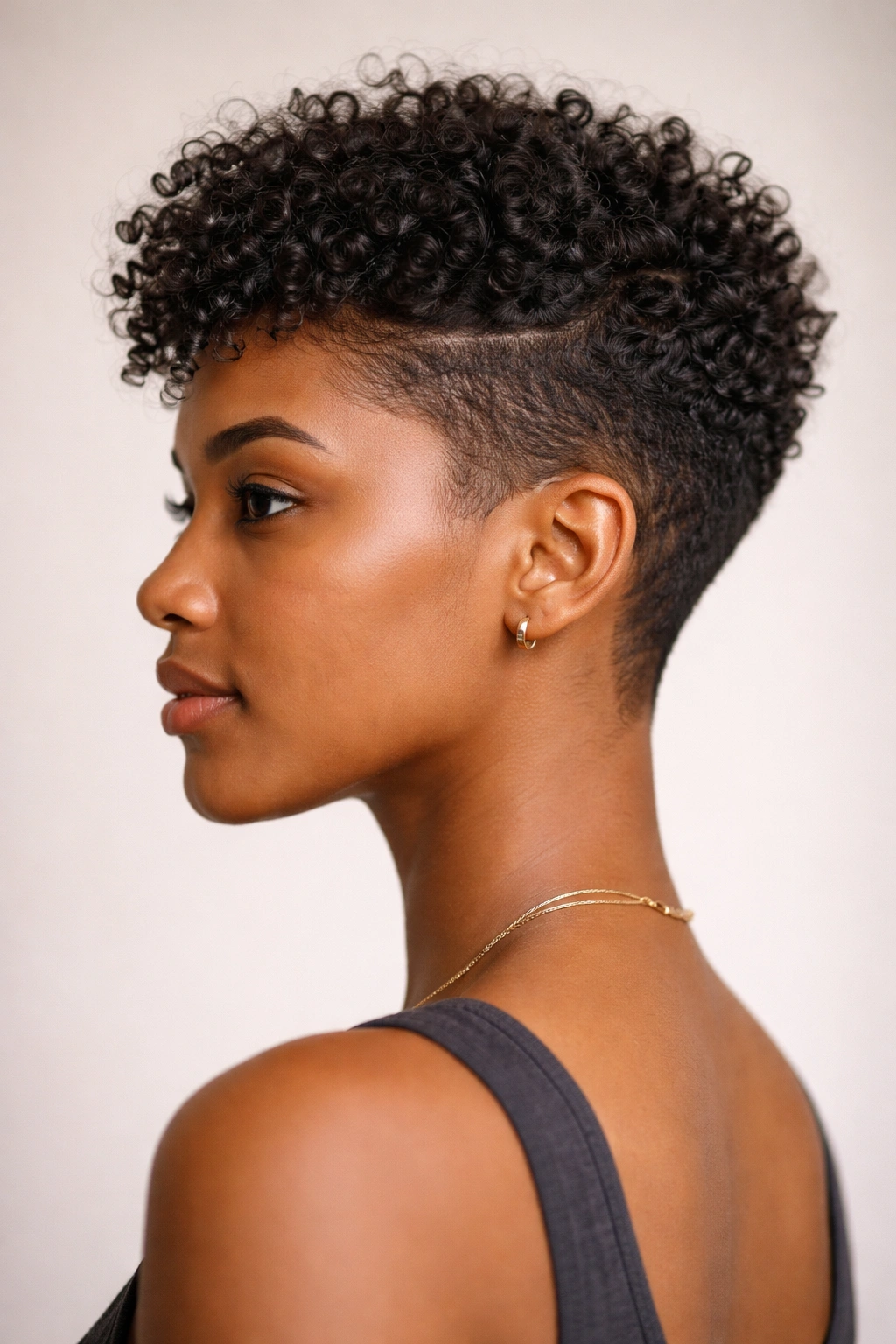 Half-profile of a person with a tapered top and longer crown curls