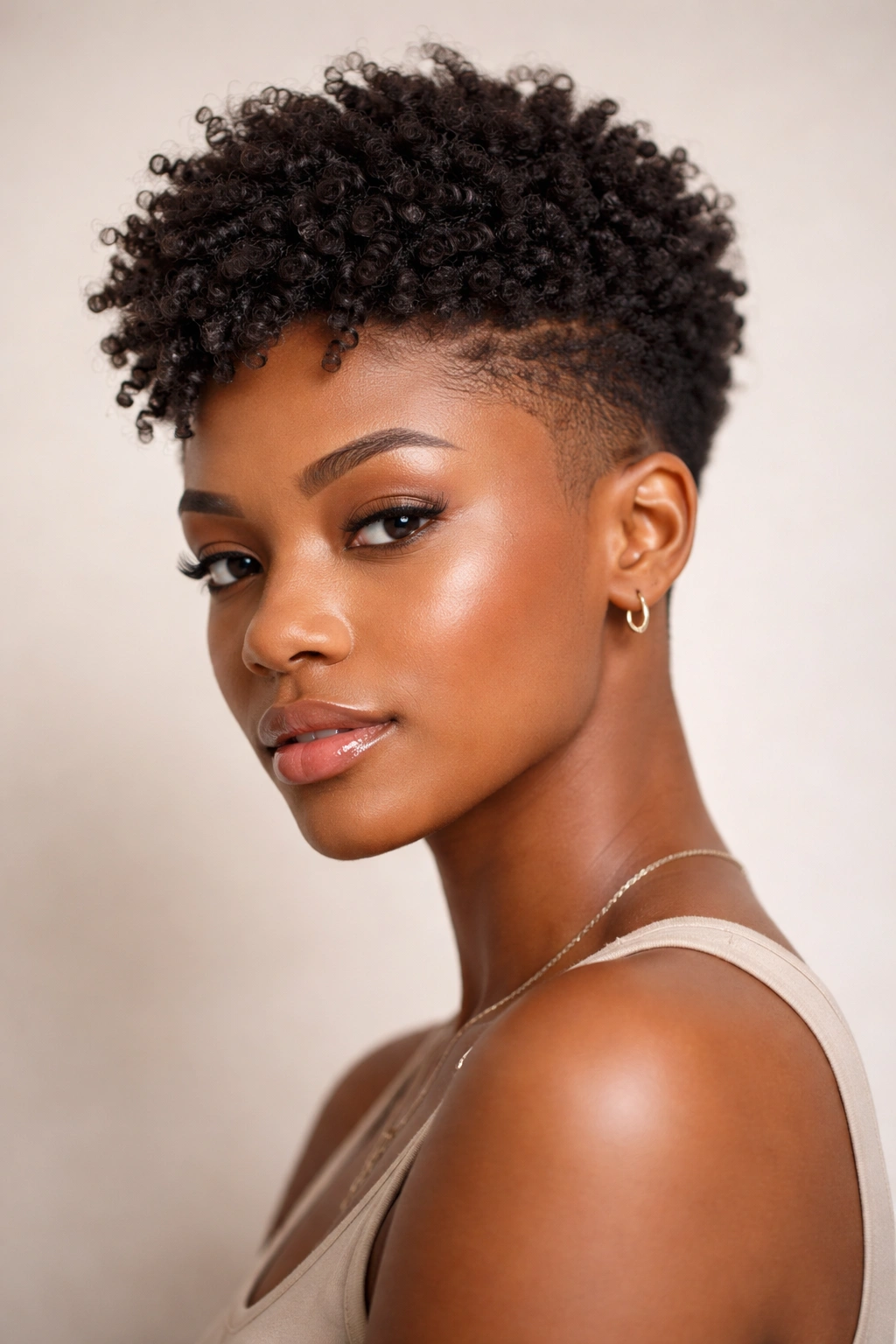 Close-up portrait of a 4C hair model with a tapered TWA showing defined coils on top