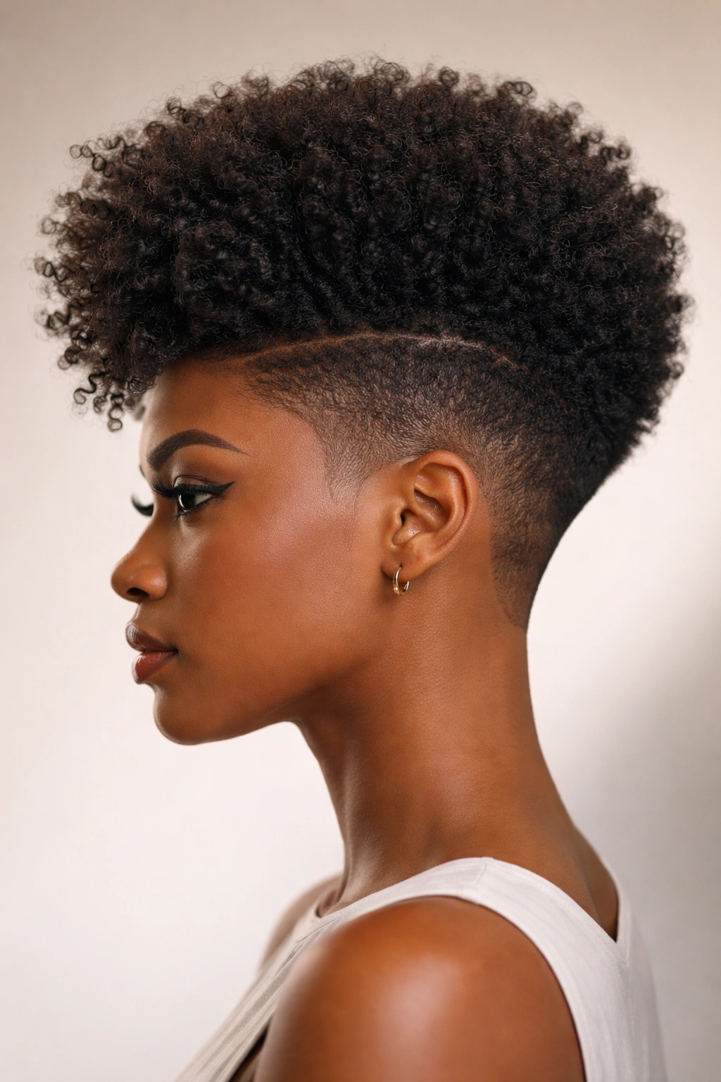Close profile of a 4C tapered undercut Afro with short sides and long textured crown