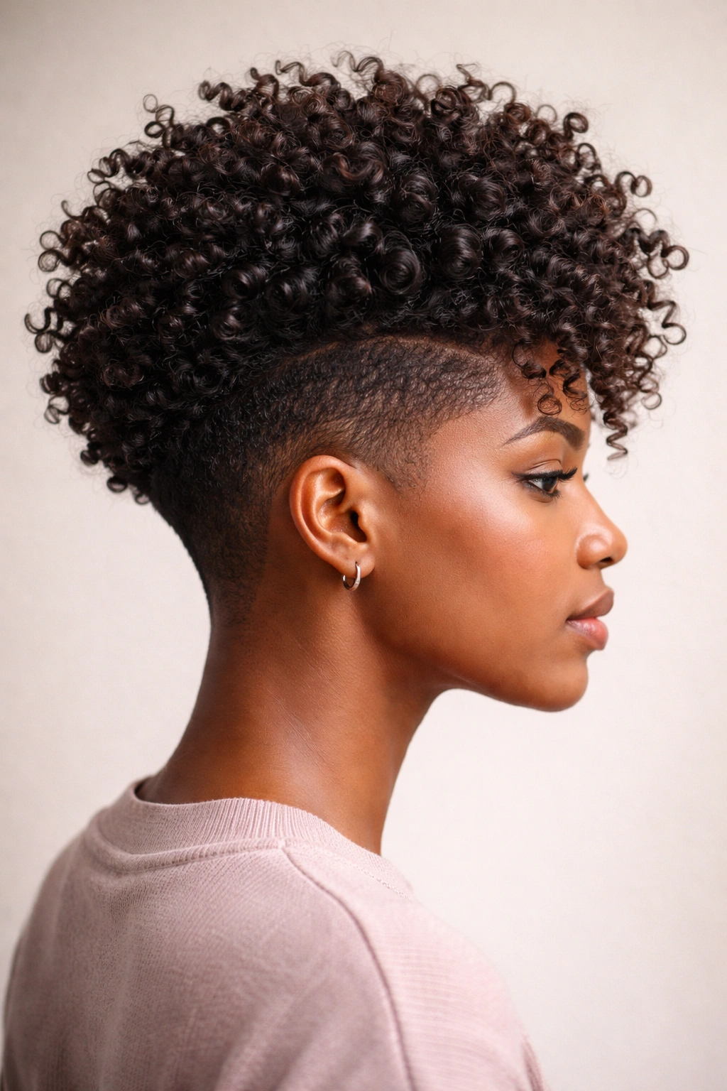 Side profile of a coily head showing tapered undercut with layered top