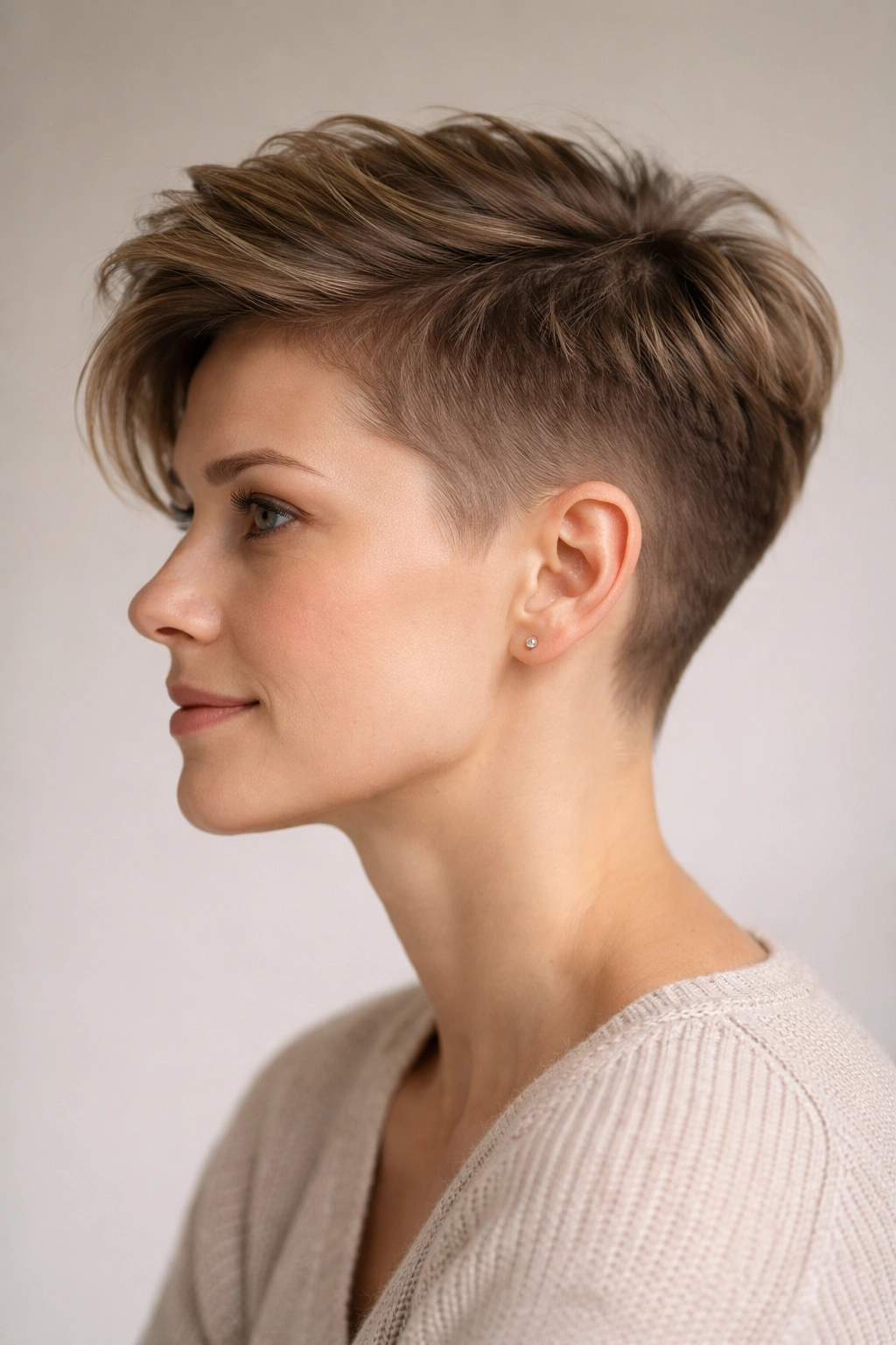 Close-up headshot of a person with a tapered undercut and longer top layers during chemo hair regrowth