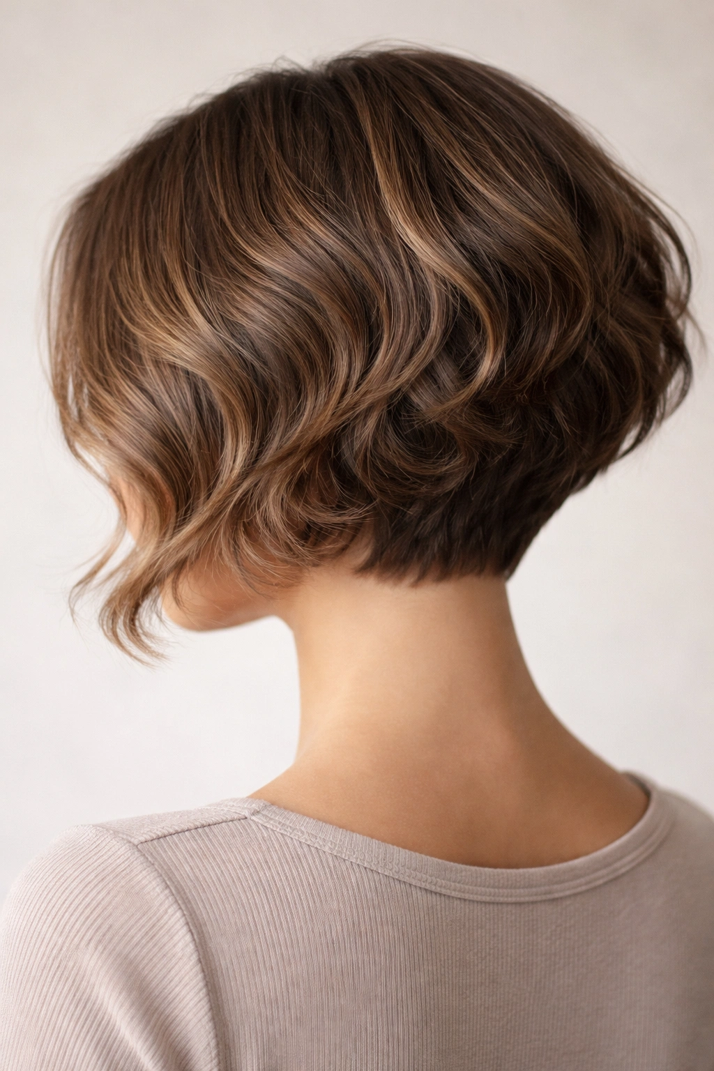 Three-quarter view of tapered wavy nape bob showing subtle back taper