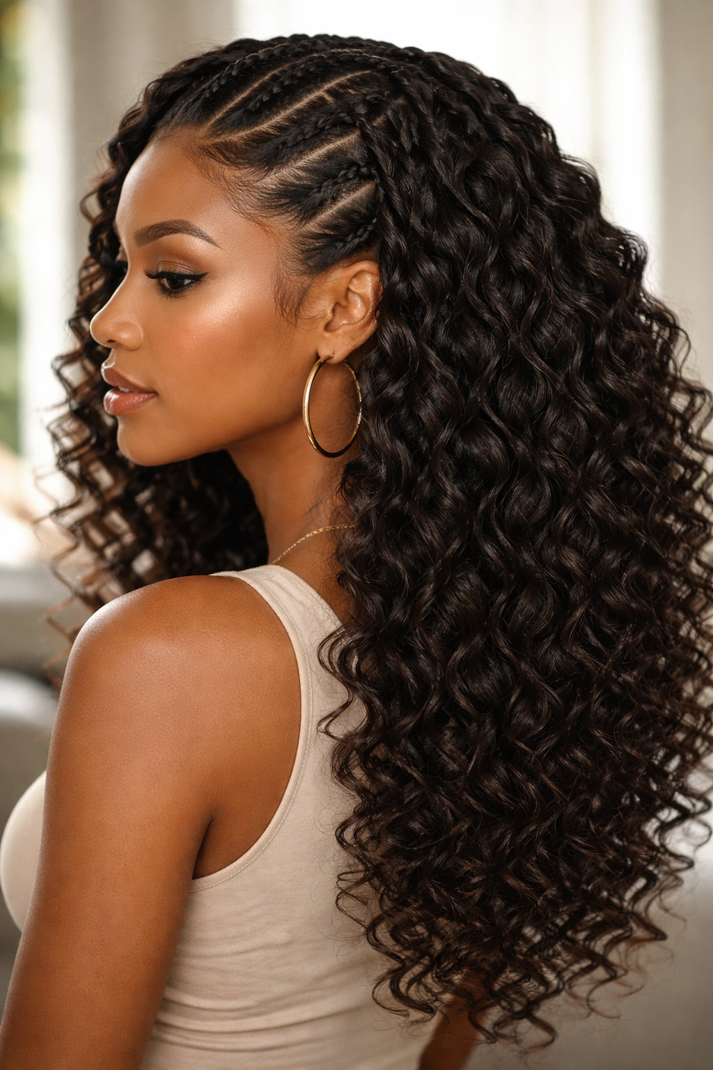 Teardrop braid-out with teardrop waves cascading through hair