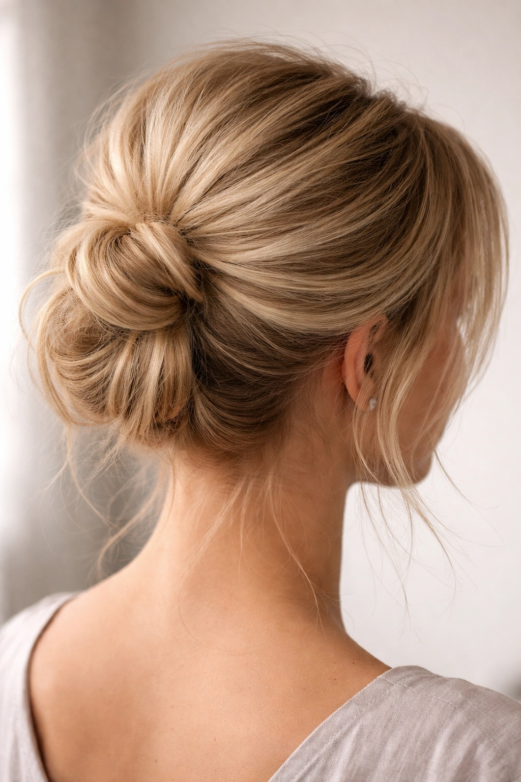 Close-up of teased crown and base bun on fine hair showing volume