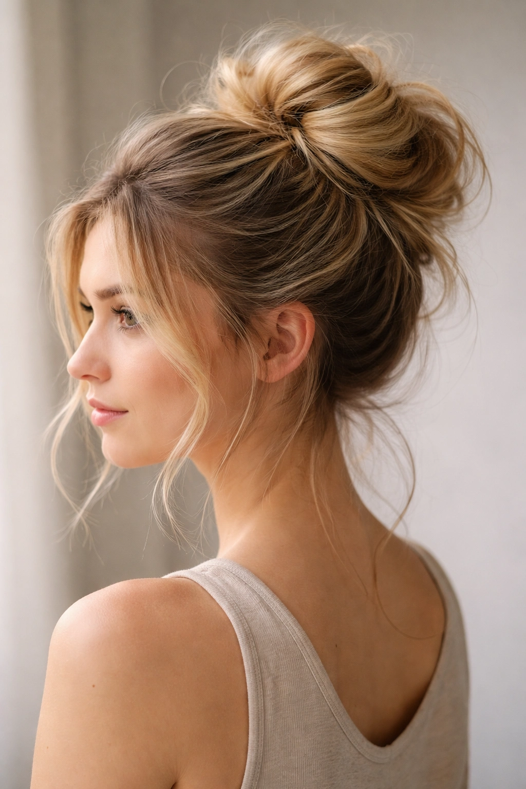 Close-up of a person with fine hair styled into a teased messy bun to add fullness