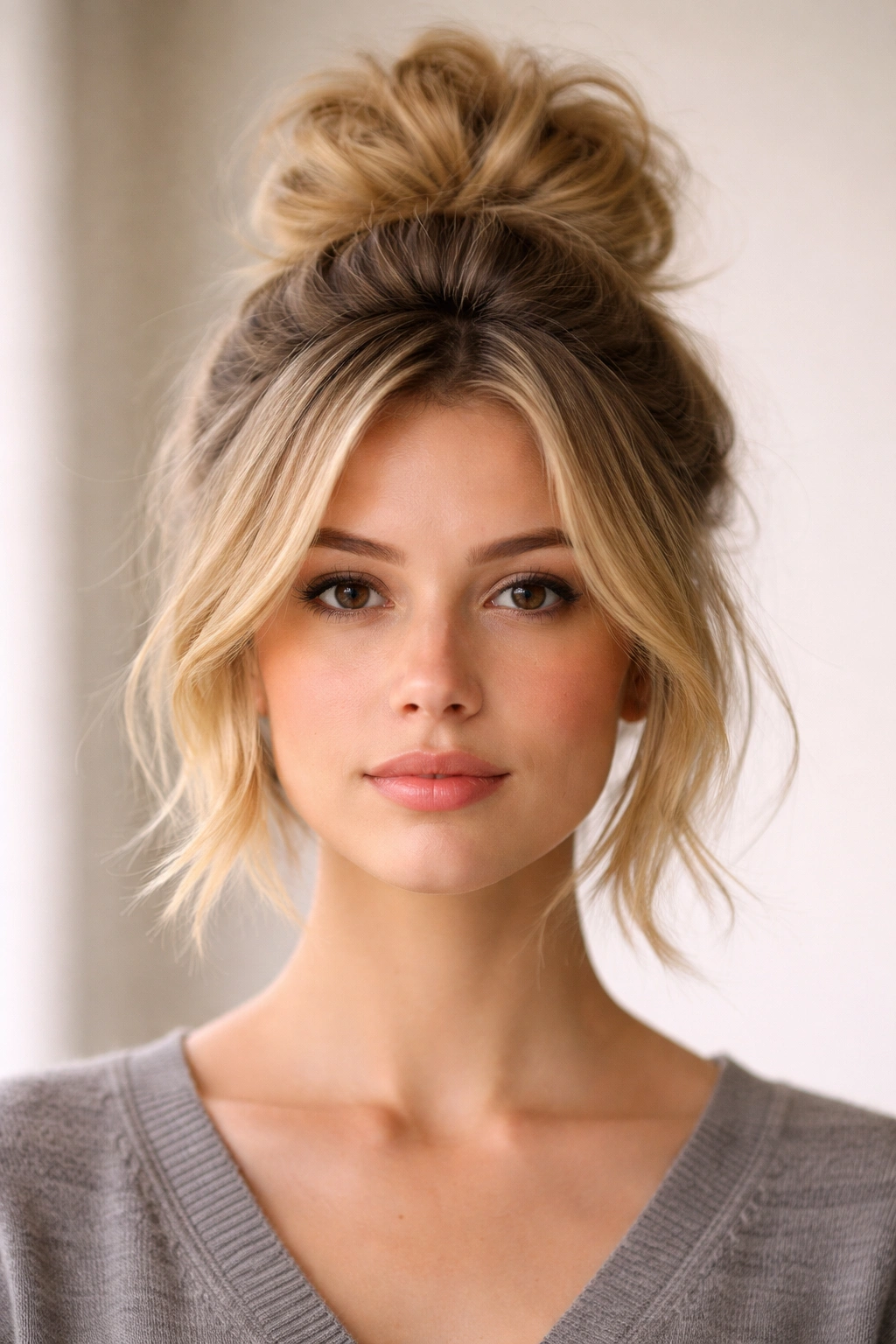 Front view of a model with a teased crown bun