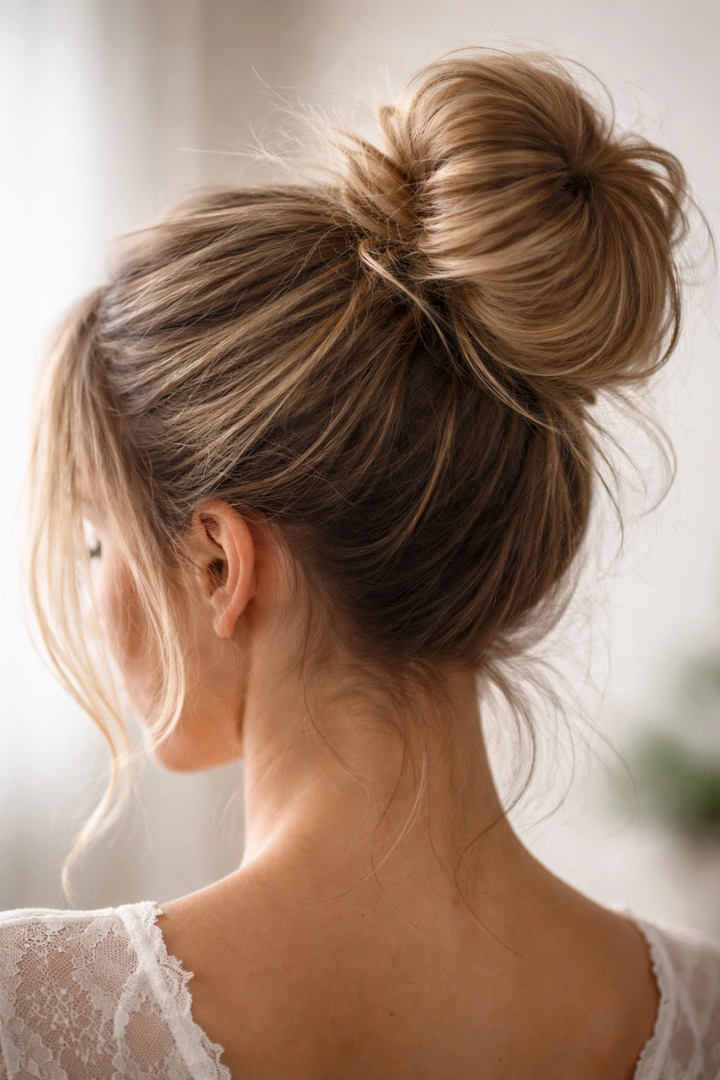 Close-up of teased crown hair forming a bun with visible volume and texture