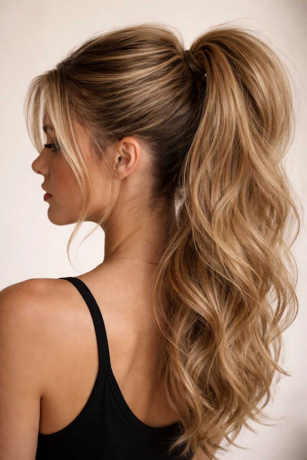 Close-up of The Teased and Volumized High Ponytail showing crown lift and textured base