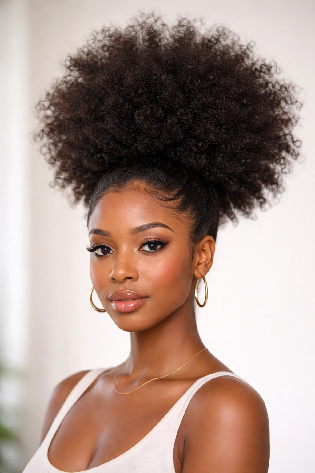 Front view of a dramatically teased afro puff with high crown volume