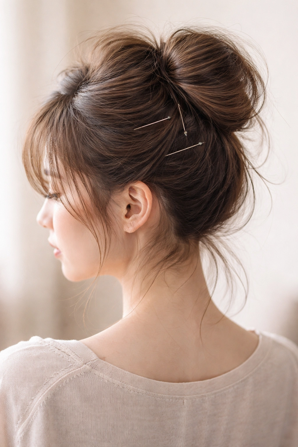 Head-and-shoulders portrait showing teased crown and pins for a soft bun