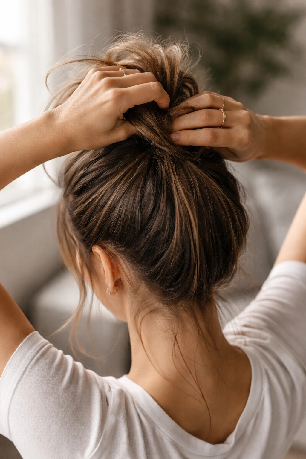 Hands forming a high ponytail into a bun