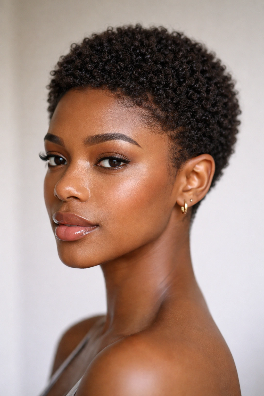 Close-up portrait of a person with a tight teenie weenie Afro TWA