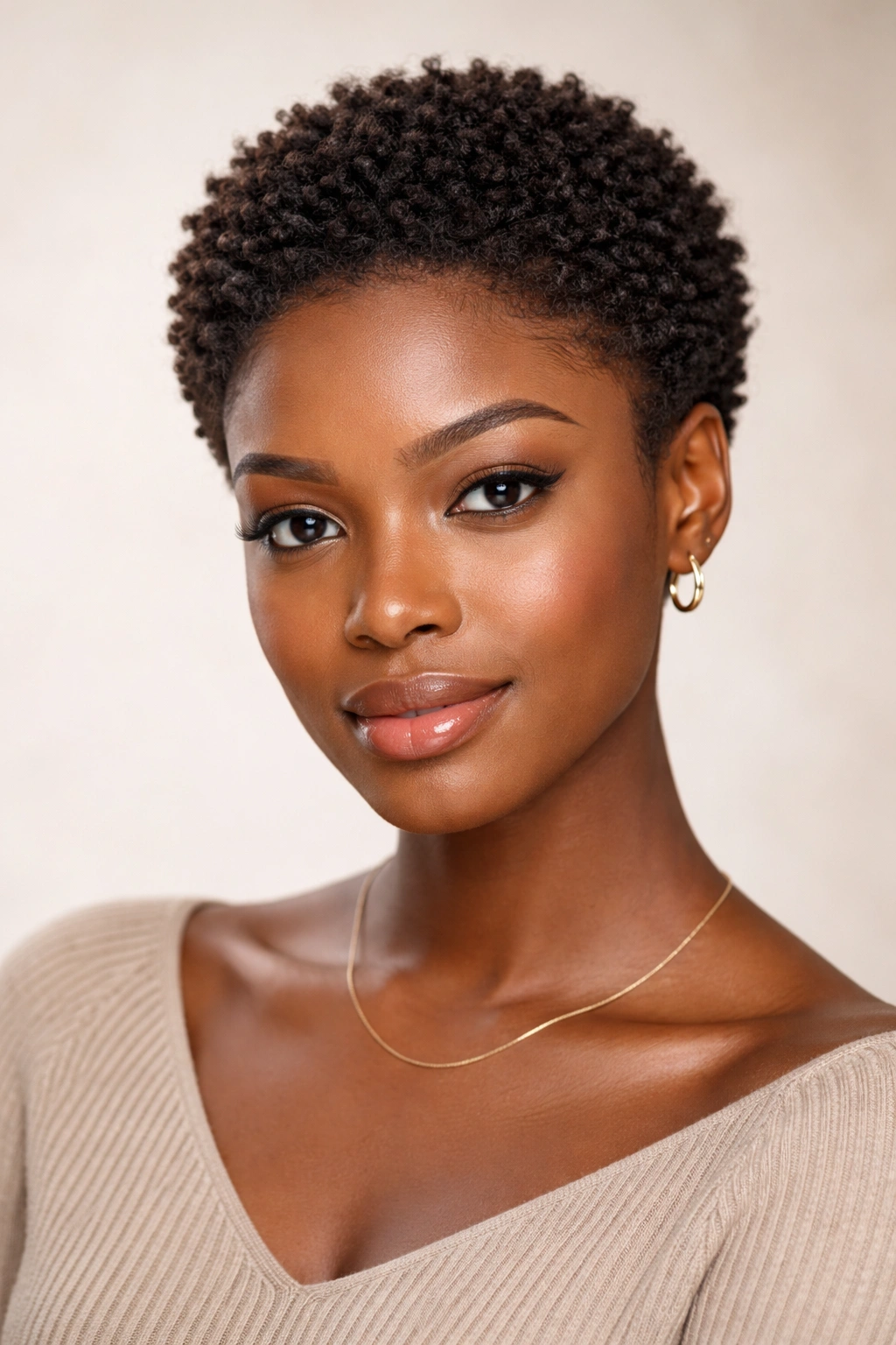 Close-up portrait of a woman with a Teeny TWA featuring uniformly cropped 4C coils.