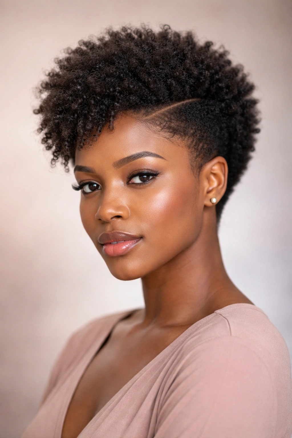 Portrait of a Black woman with temple-tapered afro and crisp sidepart.