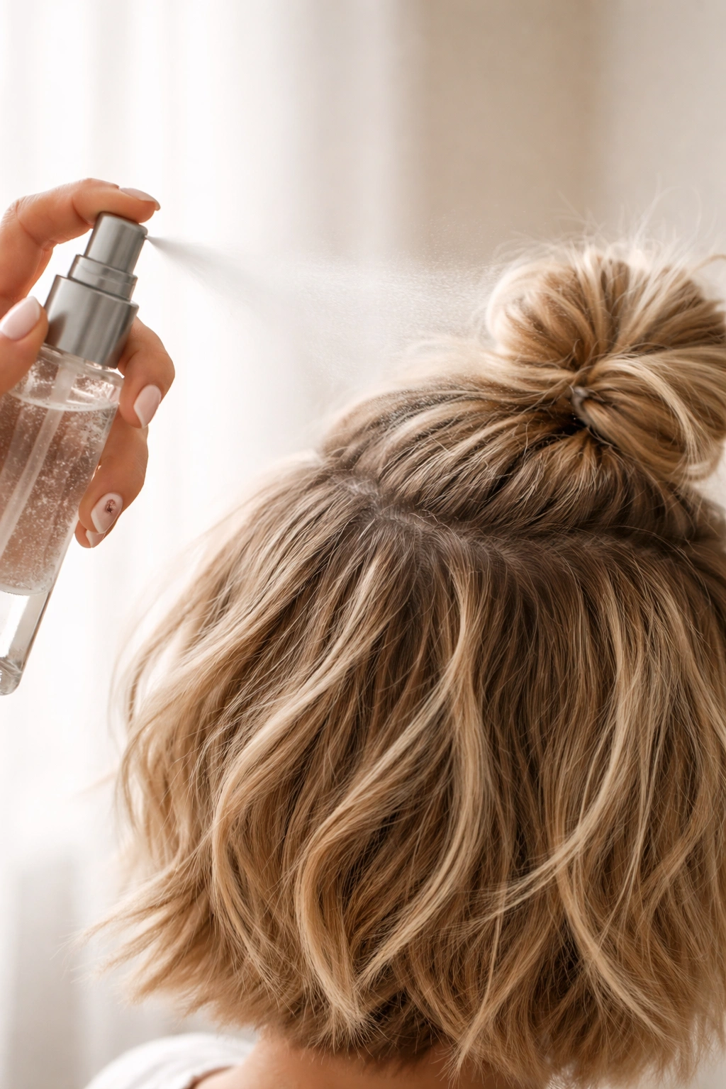 Close-up of a spray bottle misting a short hair top layer to show texture and grip.