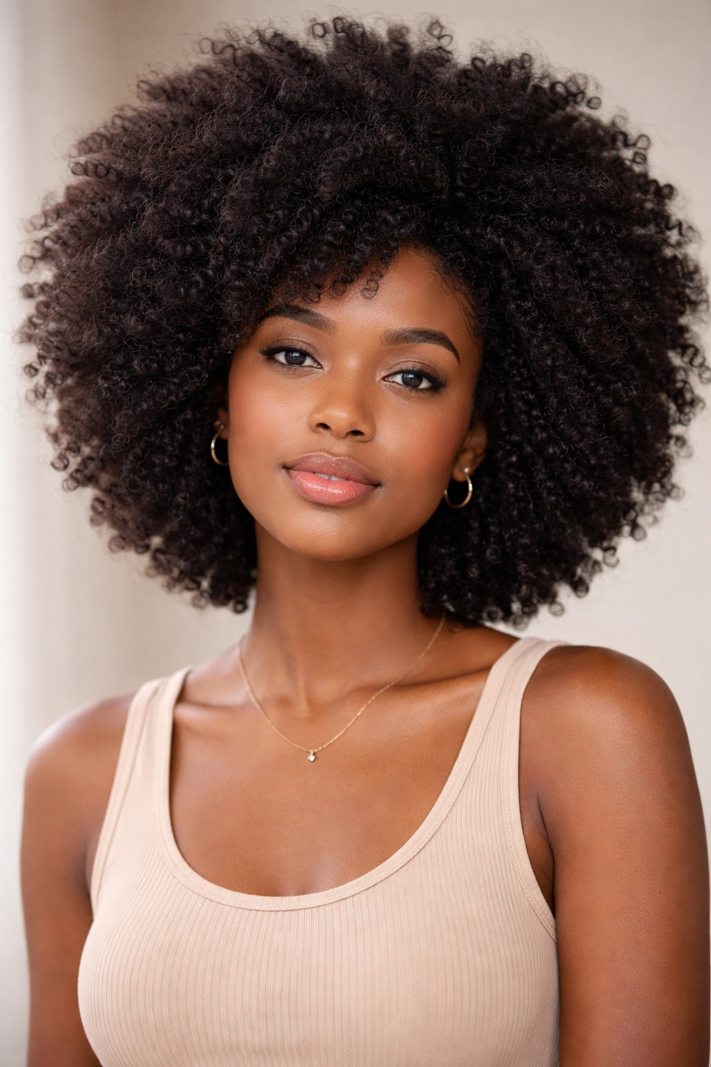 Full textured afro with volume showing curl pattern and moisture shine