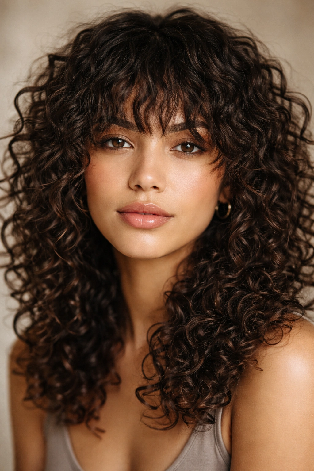 Close-up of textured choppy bangs on curly hair with jagged edges
