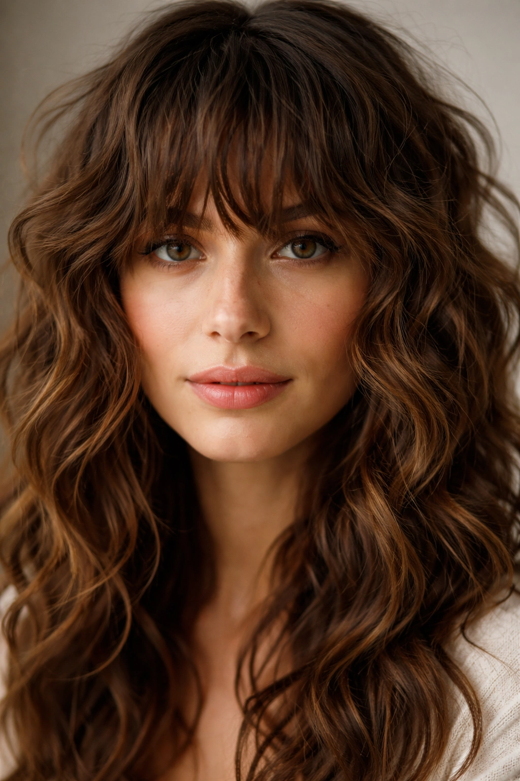 Close-up of textured choppy bangs on thick, wavy hair