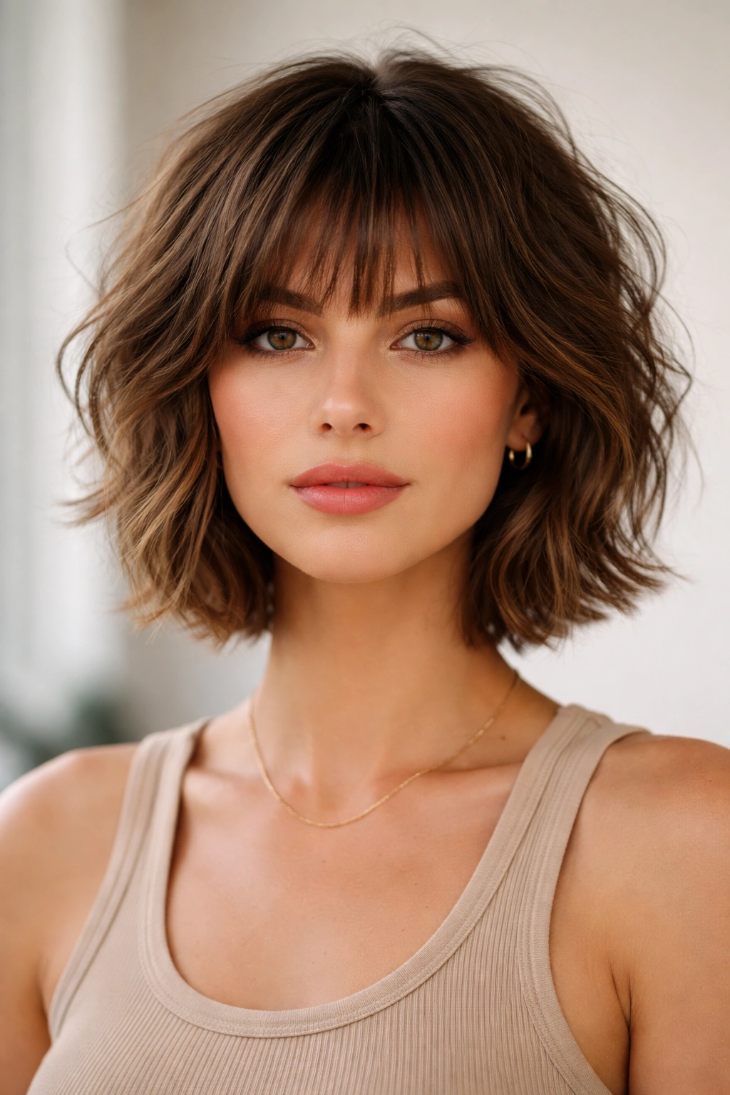 Close-up of textured, choppy bangs with short wavy layers framing the face.