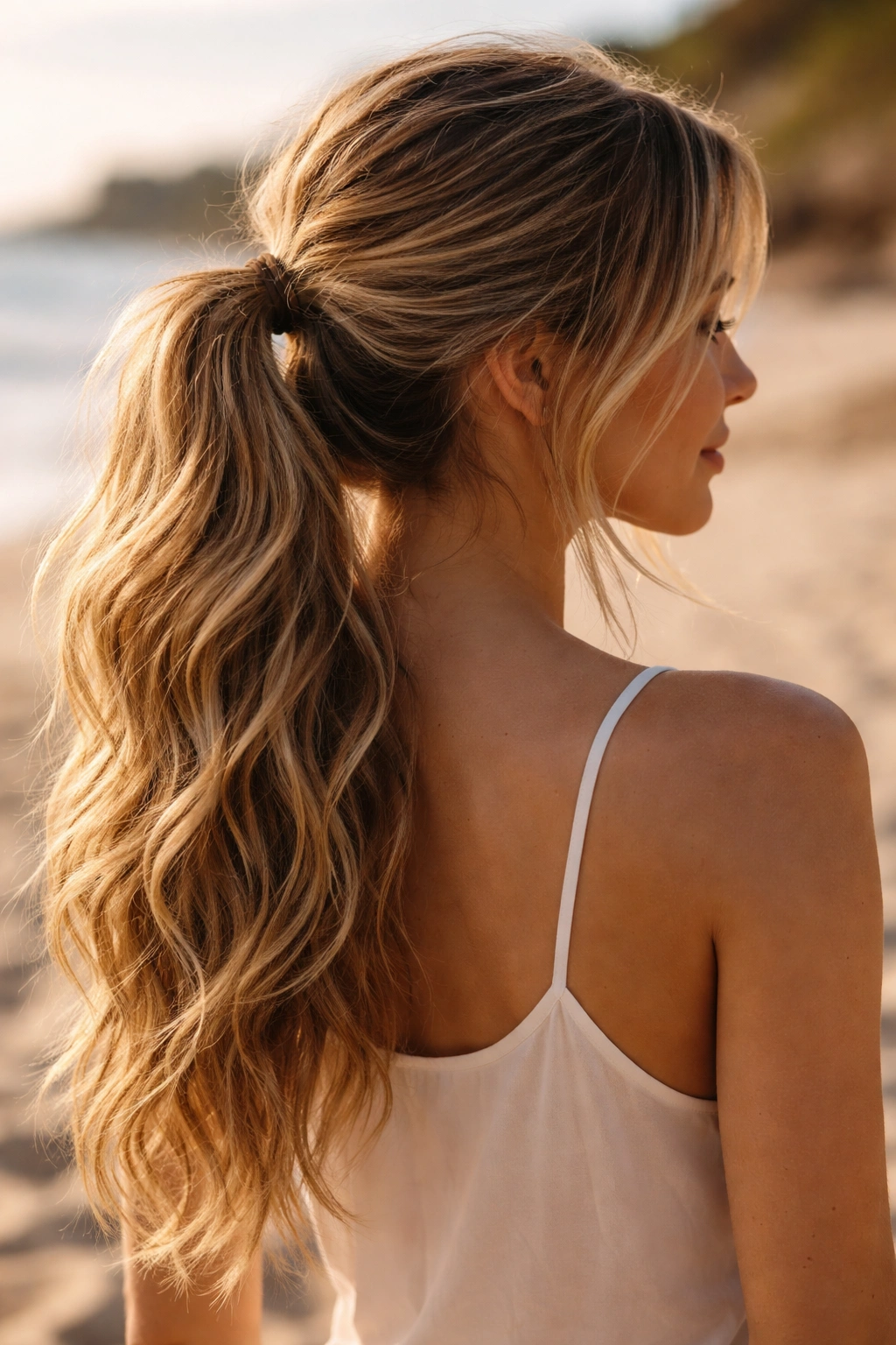 Beachy textured waves gathered into a low ponytail under warm sunlight