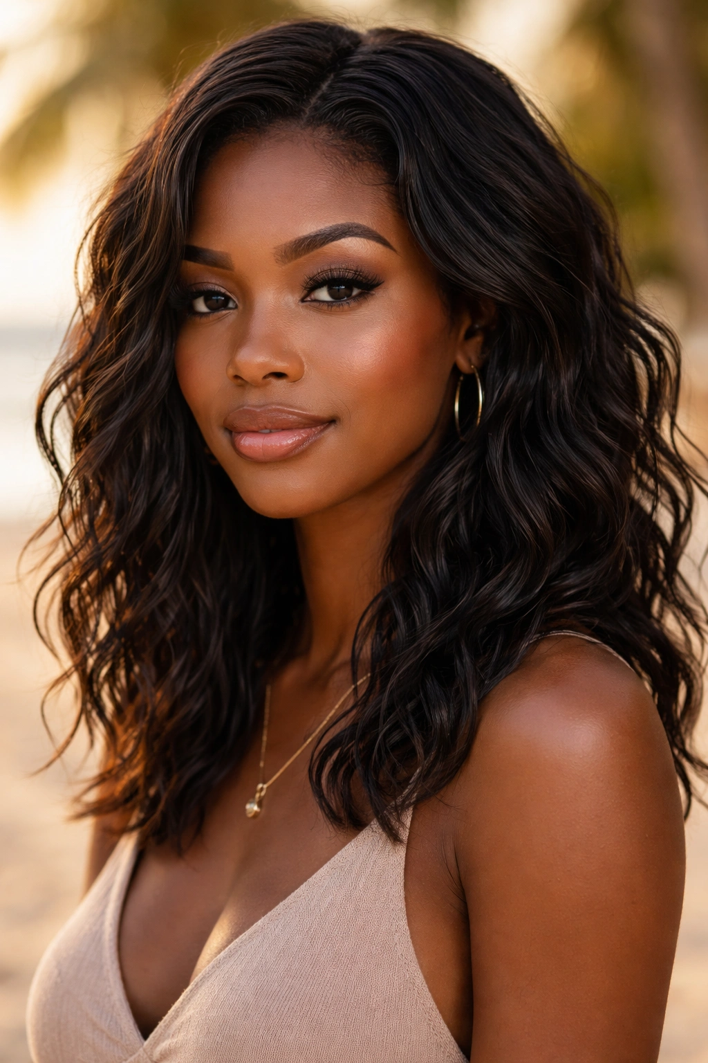 Black woman with textured beach waves, wind-swept look