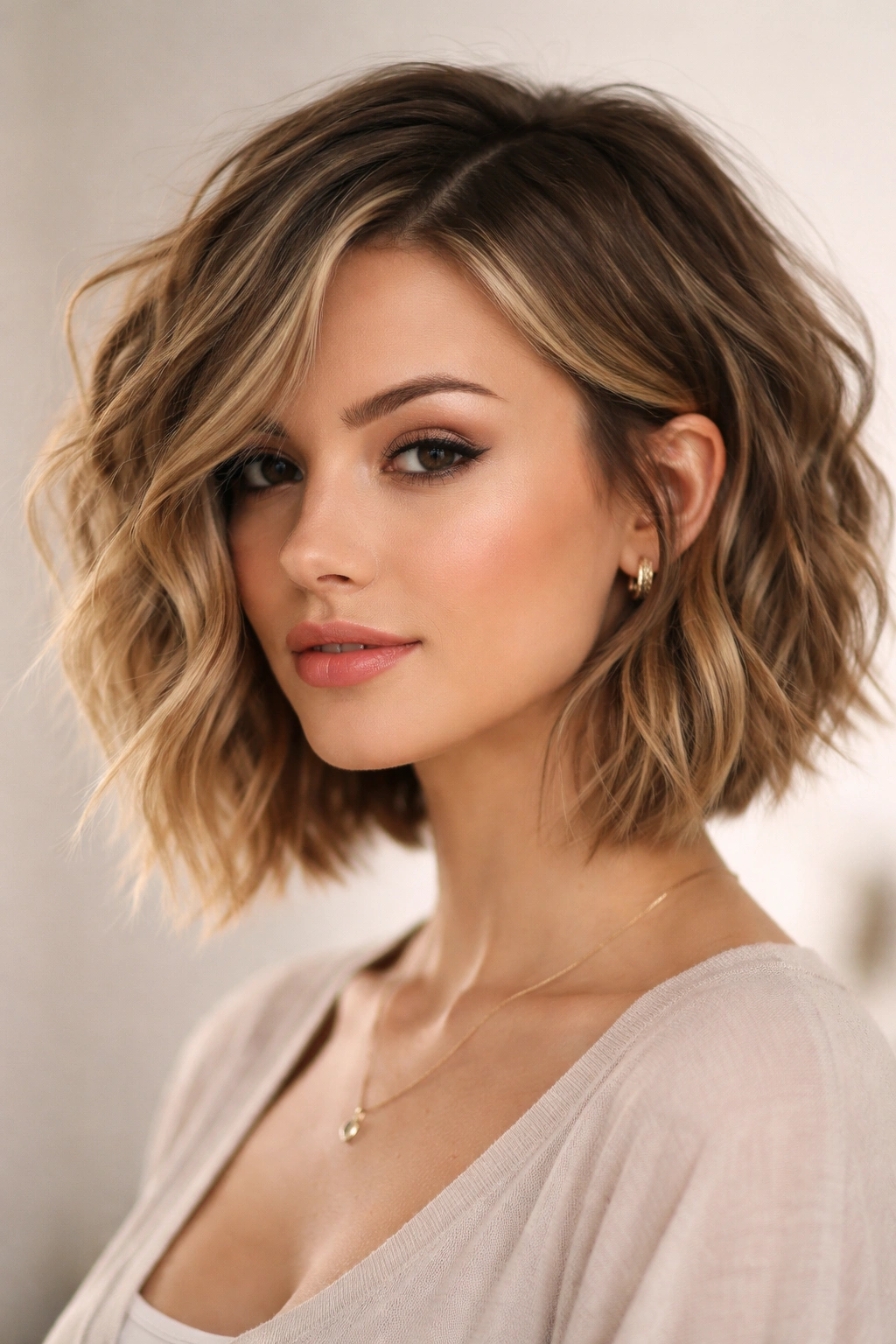 Chin-length textured bob with angled front and wavy layers.